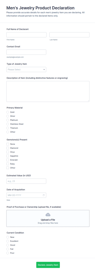 Men’s Jewelry Product Declaration Form Template