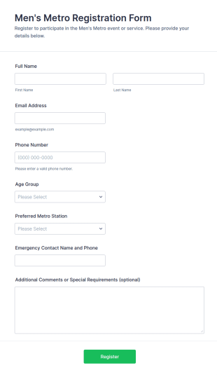 Men's Metro Registration Form Template