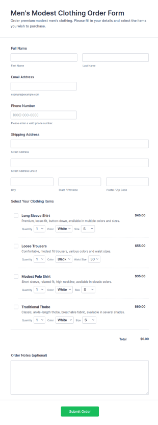 Men's Modest Clothing Order Form Template