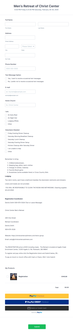 Men's Retreat Registration Form Template