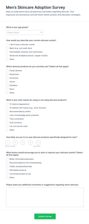 Men’s Skincare Adoption Survey Form Template