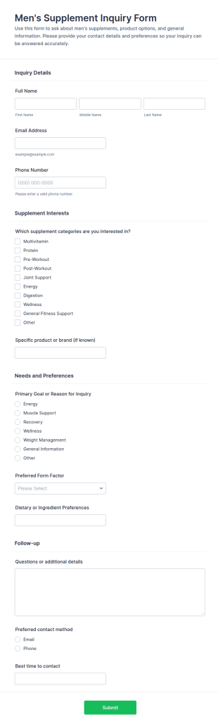 Men's Supplement Inquiry Form Template