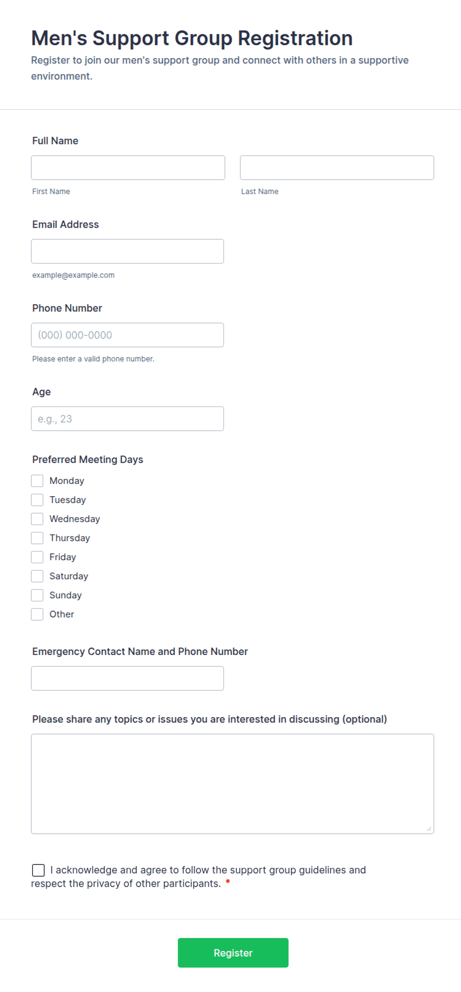 Work Men Register Men's Support Group Registration Form Template | Jotform