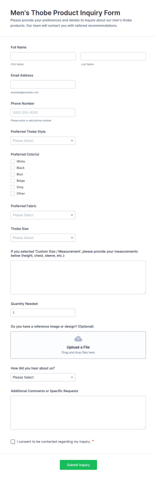 Men's Thobe Product Inquiry Form Template