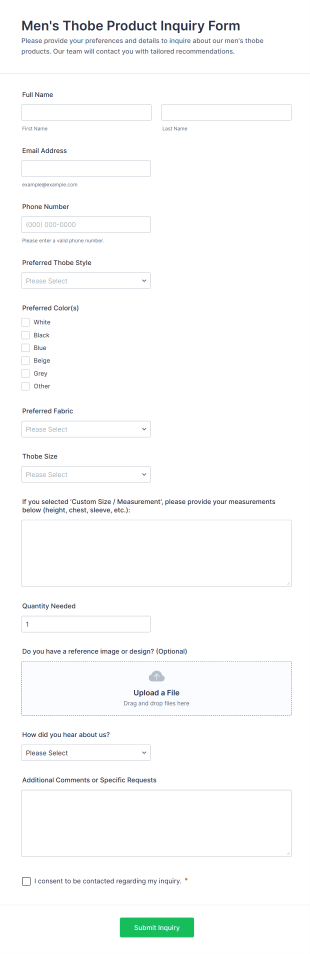 Men's Thobe Product Inquiry Form Template