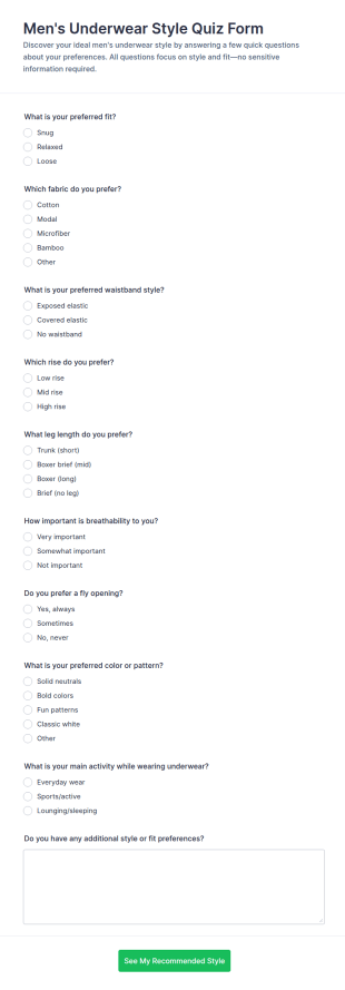 Men's Underwear Style Quiz Form Template