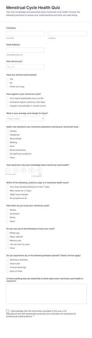 Menstrual Cycle Health Quiz Form Template