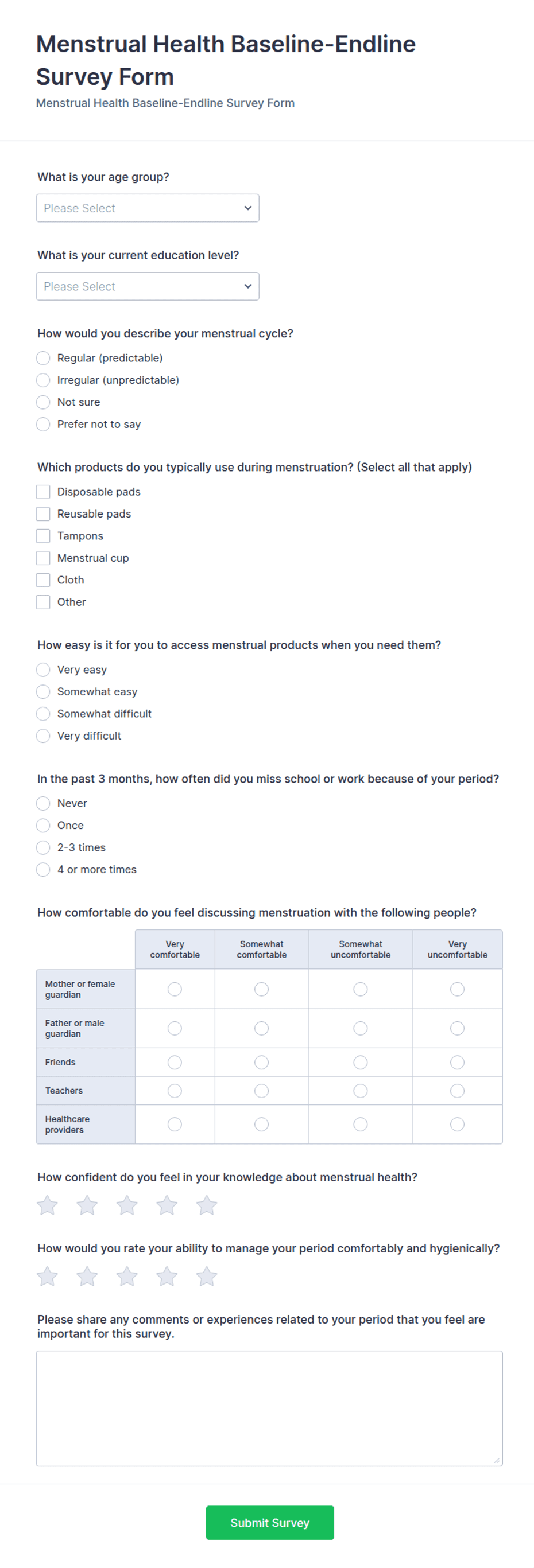 Menstrual Health Baseline-Endline Survey Form Template | Jotform