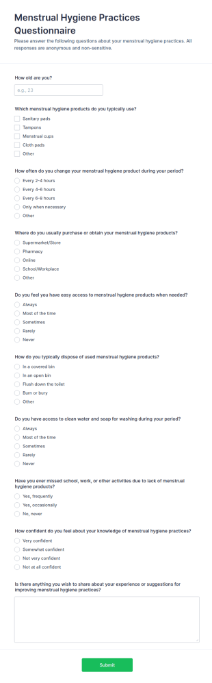 Menstrual Hygiene Practices Questionnaire Form Template