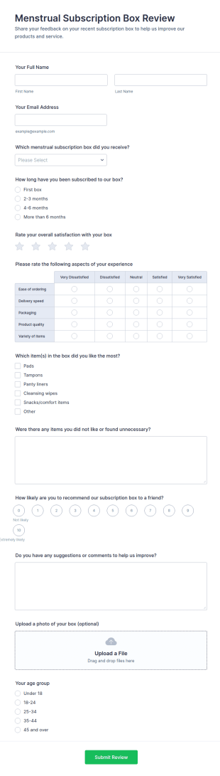 Menstrual Subscription Box Review Form Template