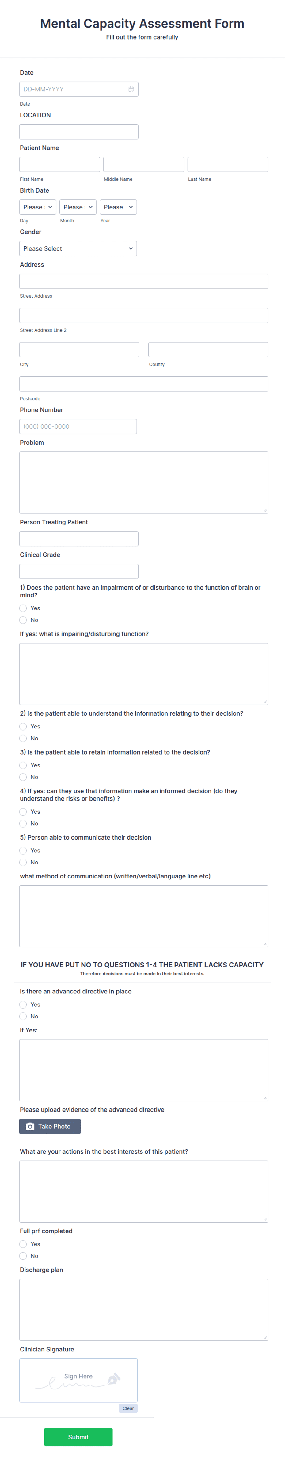 Mental Capacity Assessment Form Template | Jotform
