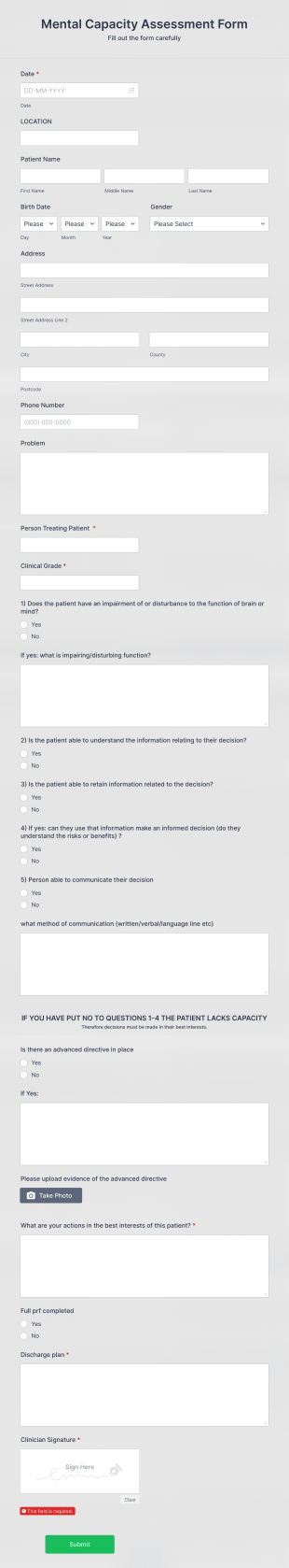 Mental Capacity Assessment Form Template