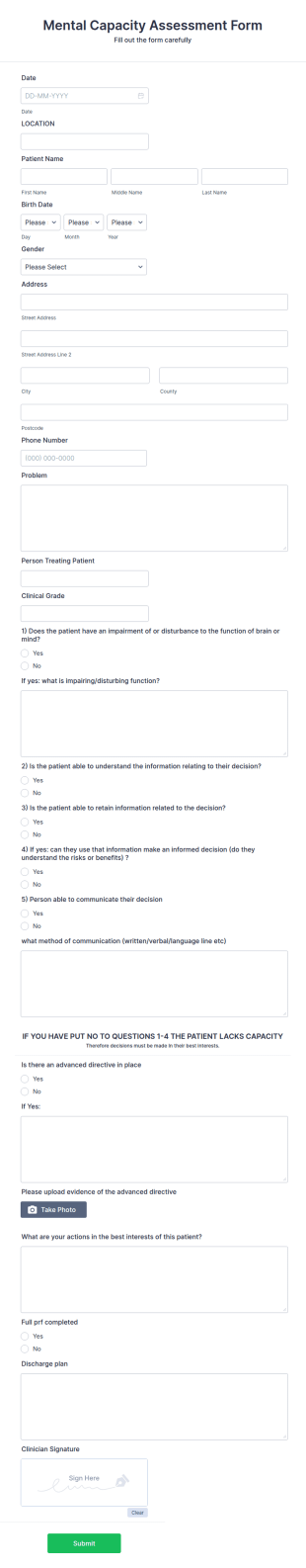 Mental Capacity Assessment Form Template
