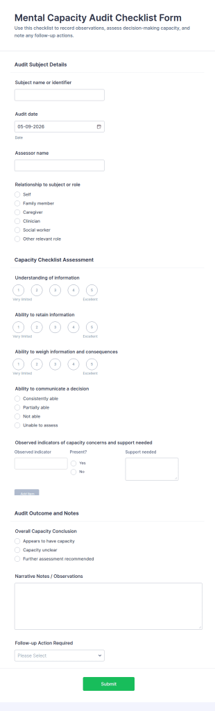 Mental Capacity Audit Checklist Form Template