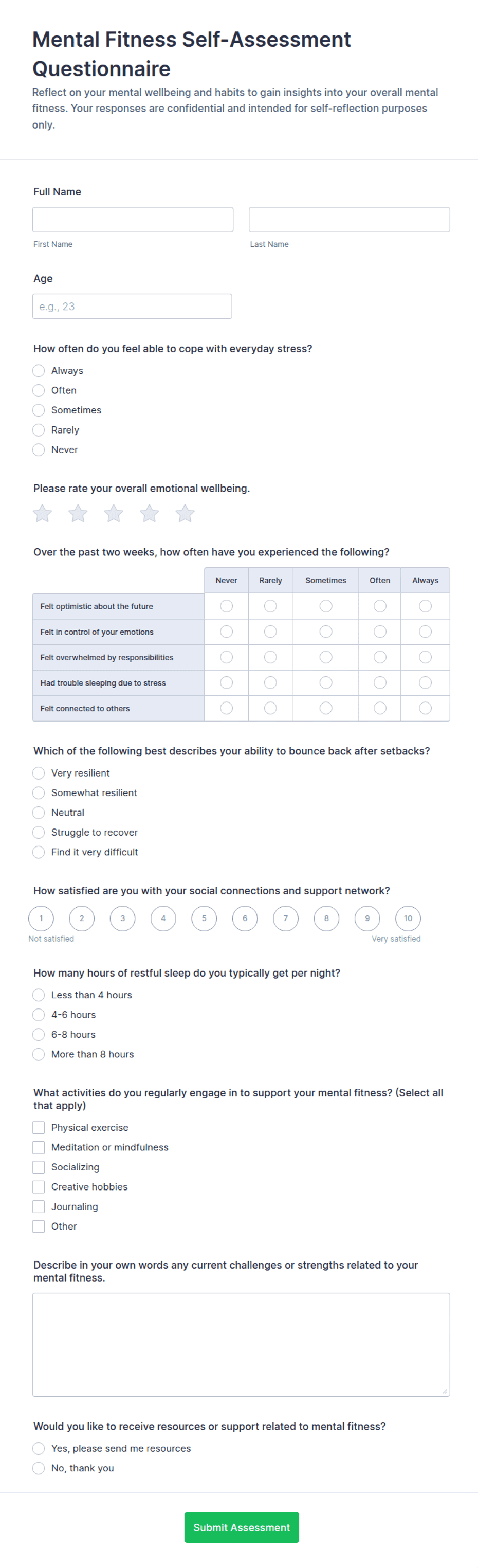 Mental Fitness Self-Assessment Questionnaire Form Template | Jotform