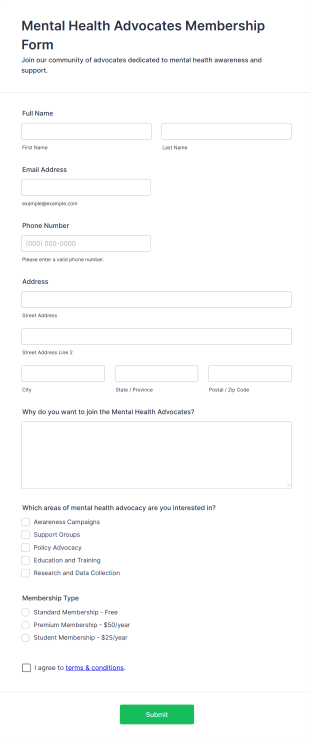 Mental Health Advocates Membership Form Template