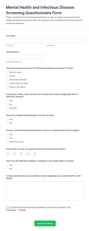 Mental Health And Infectious Disease Screening Questionnaire Form Template