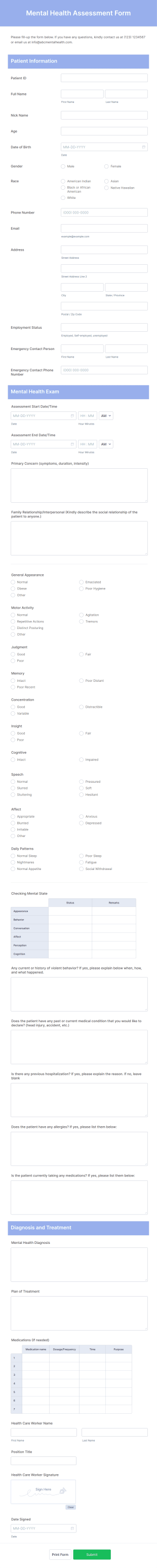 Mental Health Assessment Form Template