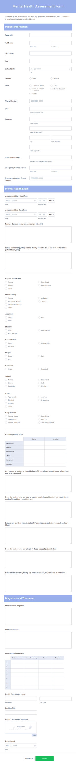 Mental Health Assessment Form Template