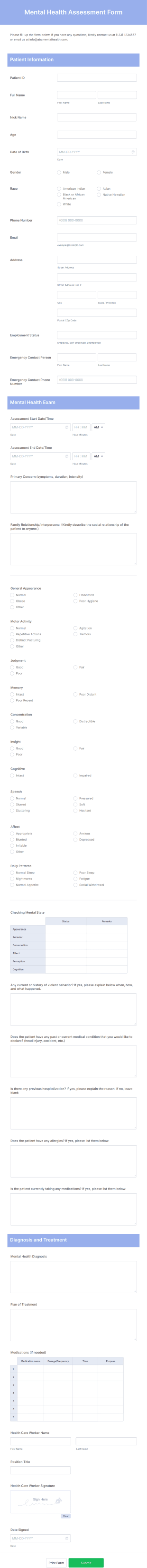 Mental Health Assessment Form Template