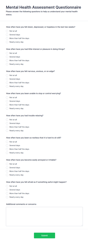 Mental Health Assessment Questionnaire Form Template