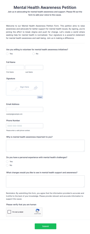 Mental Health Awareness Petition Form Template