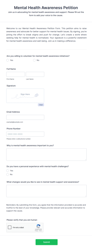Mental Health Awareness Petition Form Template
