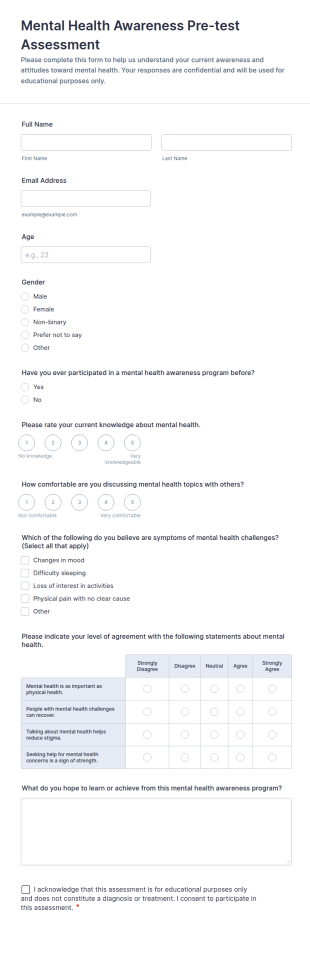 Mental Health Awareness Pre Test Assessment Form Template