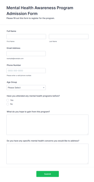 Mental Health Awareness Program Admission Form Form Template