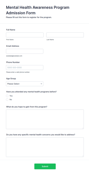 Mental Health Awareness Program Admission Form Template