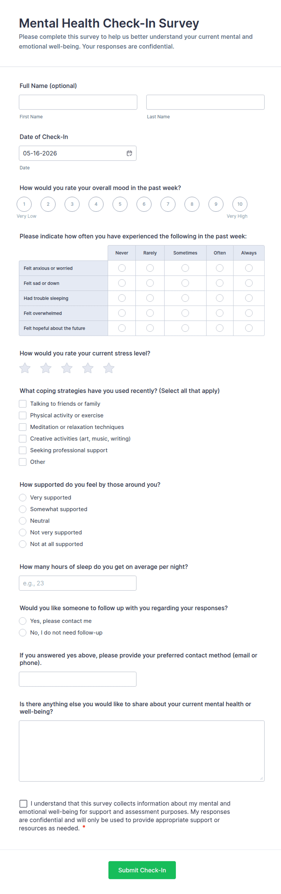 Check In Survey Mental Health Check-In Survey Form Template | Jotform
