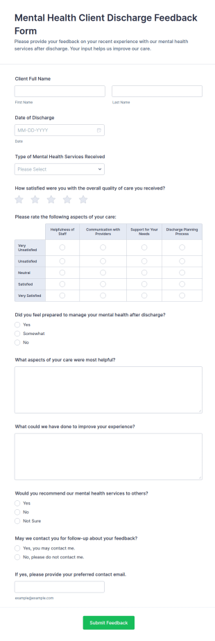 Mental Health Client Discharge Feedback Form Template