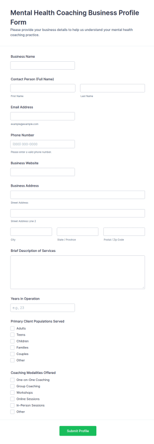 Mental Health Coaching Business Profile Form Template