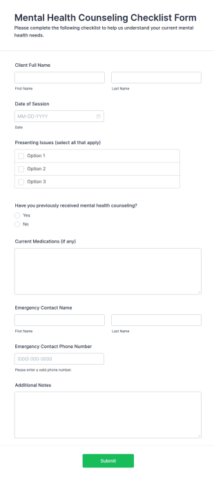Mental Health Counseling Checklist Form Template