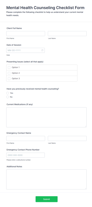 Mental Health Counseling Checklist Form Form Template