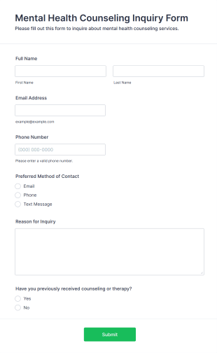 Mental Health Counseling Inquiry Form Form Template