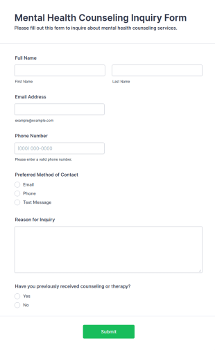 Mental Health Counseling Inquiry Form Template