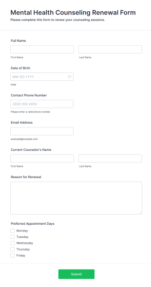 Mental Health Counseling Renewal Form Form Template