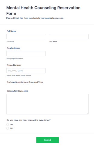 Mental Health Counseling Reservation Form Template