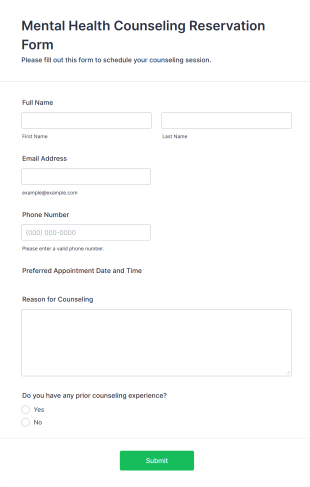 Mental Health Counseling Reservation Form Template