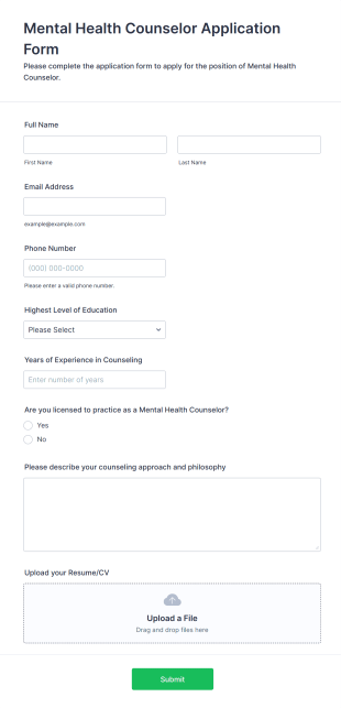 Mental Health Counselor Application Form Form Template