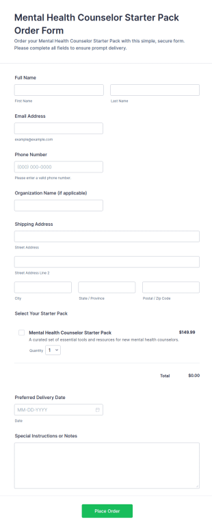 Mental Health Counselor Starter Pack Order Form Template
