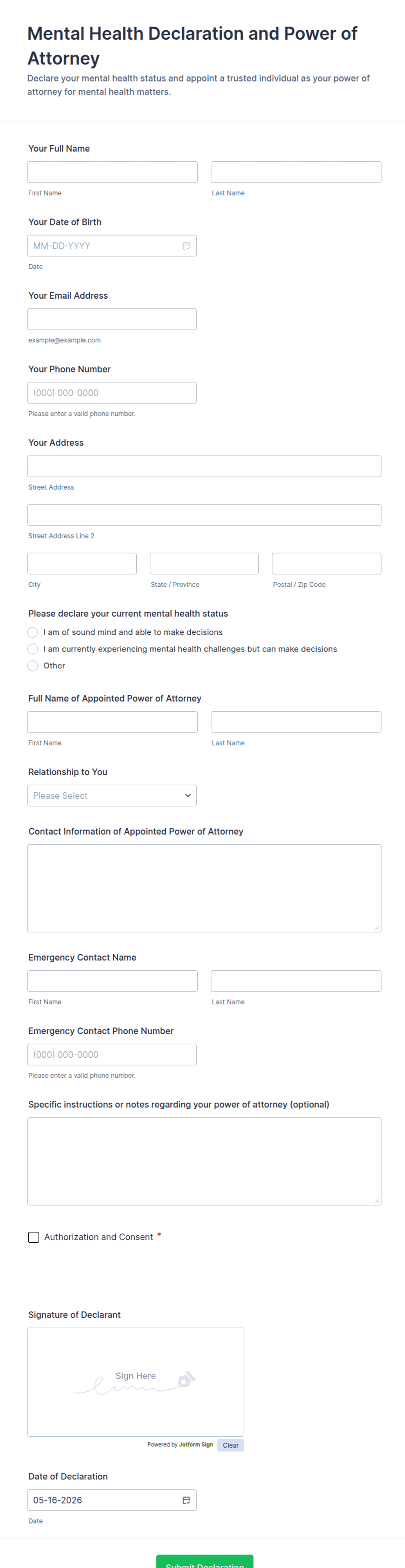 Mental Health Declaration and Power of Attorney Form Template | Jotform