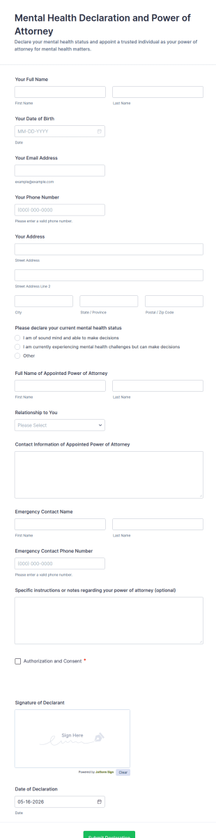 Mental Health Declaration And Power Of Attorney Form Template