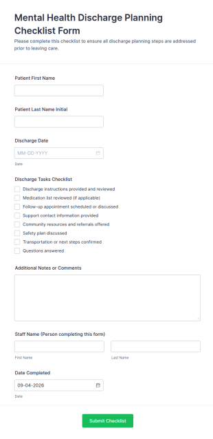 Mental Health Discharge Planning Checklist Form Template