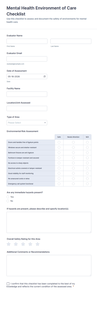 Mental Health Environment Of Care Checklist Form Template