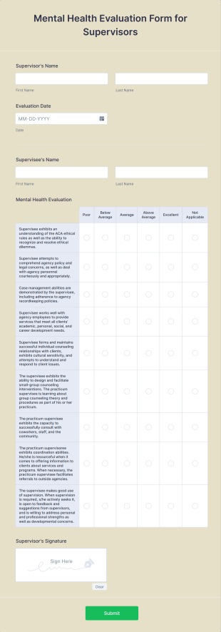 Mental Health Evaluation Form For Supervisors