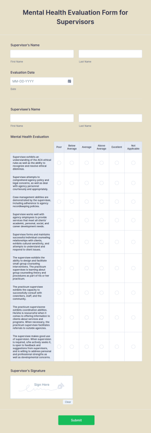 Mental Health Evaluation Form For Supervisors
