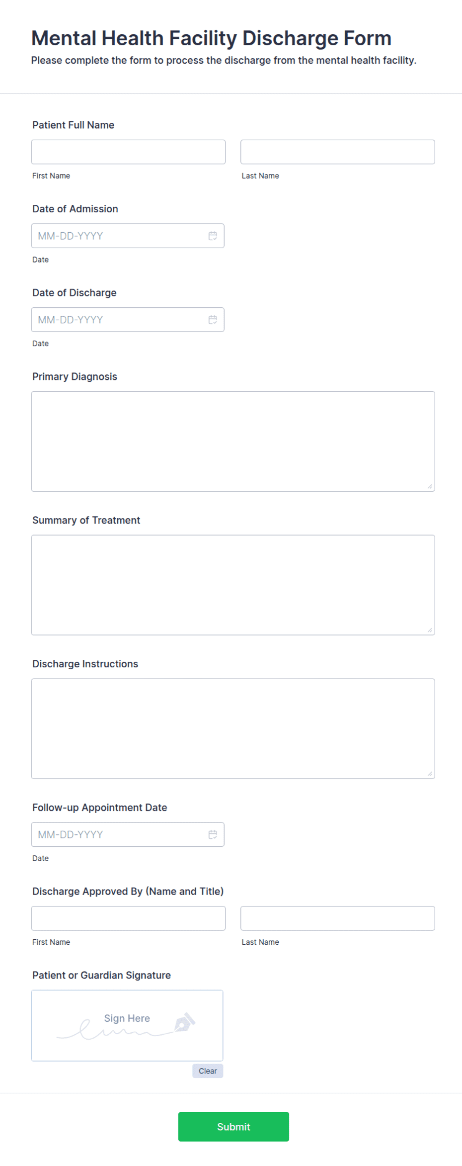 Mental Health Facility Discharge Form Form Template | Jotform