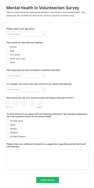 Mental Health In Volunteerism Survey Form Template